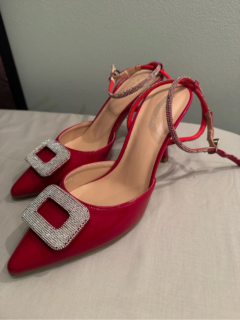 TOP Moda Red Patent Pointed-Toe Ankle-Strap Pumps with Rhinestone Buckles
